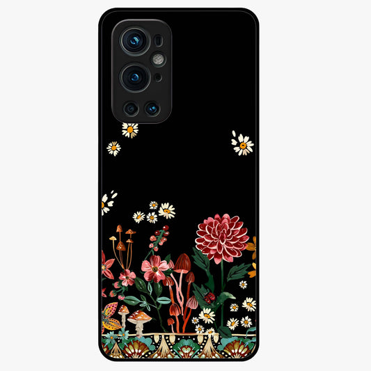 Midnight Bloom Pattern Glass Case showing flat back view with dark floral pattern artwork and glossy glass finish.