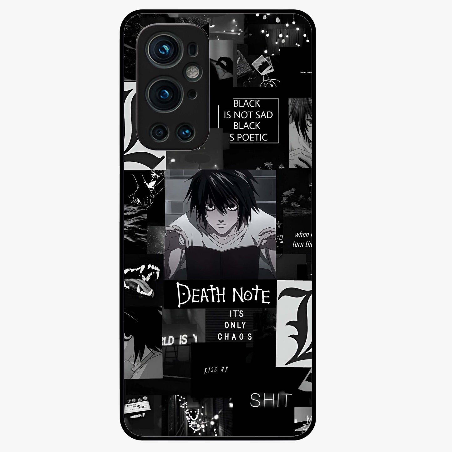 Midnight Chaos Mind Glass Case showing flat back view with abstract dark themed artwork and glossy glass finish.