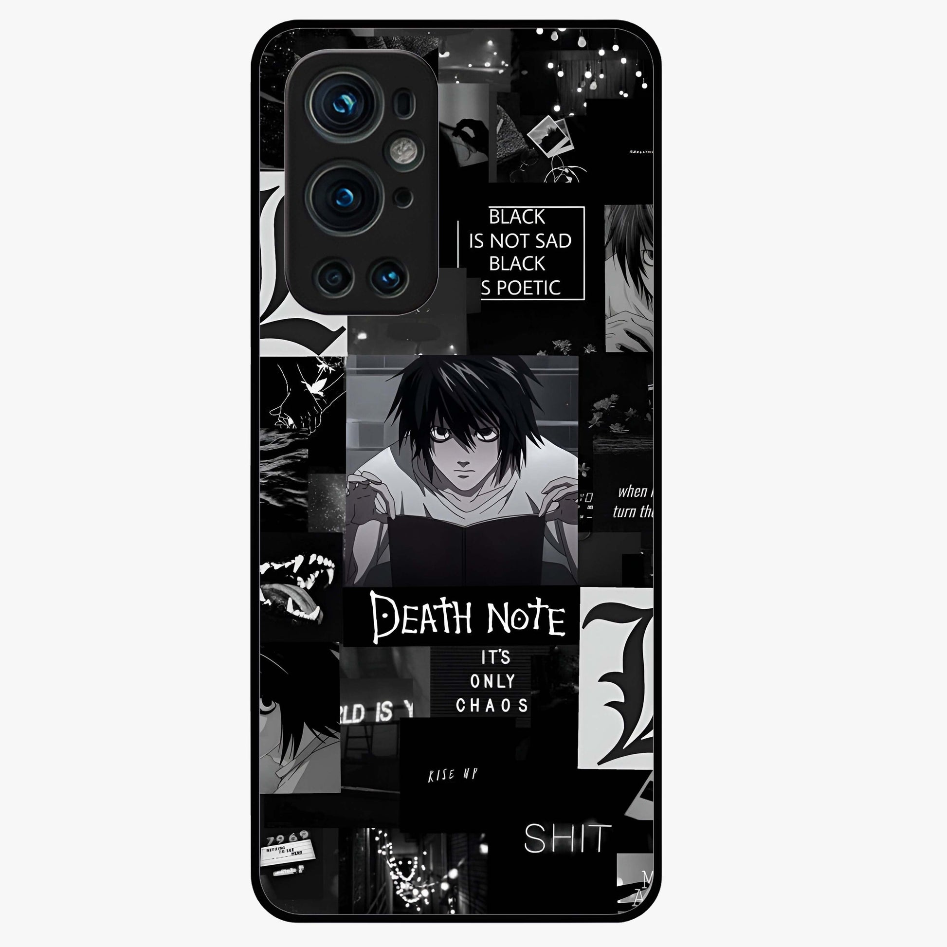Midnight Chaos Mind Glass Case showing flat back view with abstract dark themed artwork and glossy glass finish.