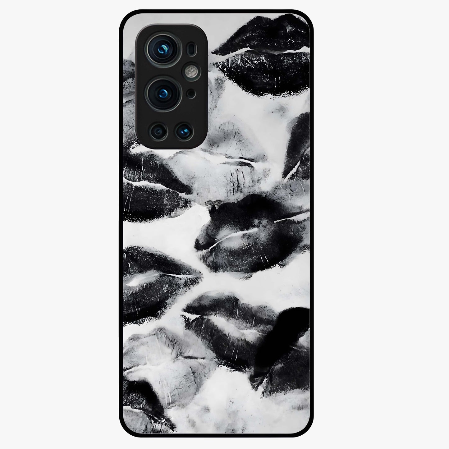 Midnight Kiss Marks Glass Case showing flat back view with lipstick kiss mark artwork and glossy glass finish.