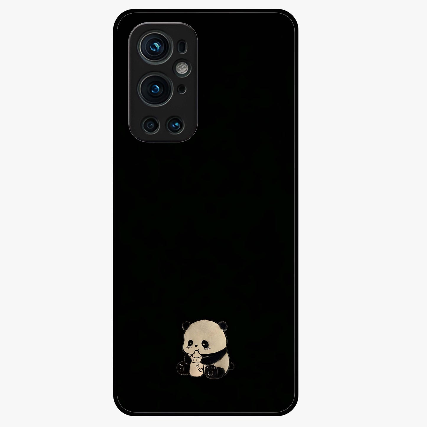 Midnight Panda Love Glass Case showing flat back view with cute panda themed artwork and glossy glass finish.