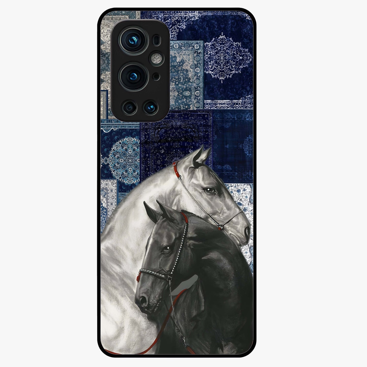 Midnight Stallion Blues Glass Case showing flat back view with majestic horse artwork and glossy glass finish.