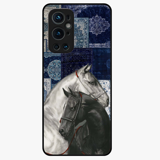Midnight Stallion Blues Glass Case showing flat back view with majestic horse artwork and glossy glass finish.