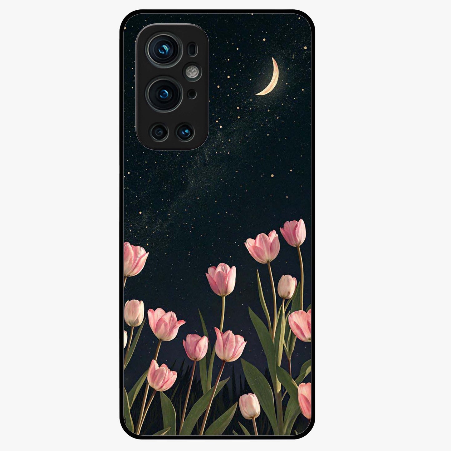 Midnight Tulip Whispers Vibe Glass Case showing flat back view with elegant tulip flower artwork and glossy glass finish.