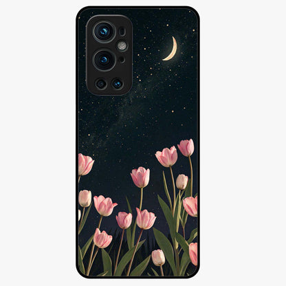 Midnight Tulip Whispers Vibe Glass Case showing flat back view with elegant tulip flower artwork and glossy glass finish.