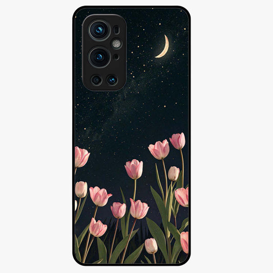 Midnight Tulip Whispers Vibe Glass Case showing flat back view with elegant tulip flower artwork and glossy glass finish.