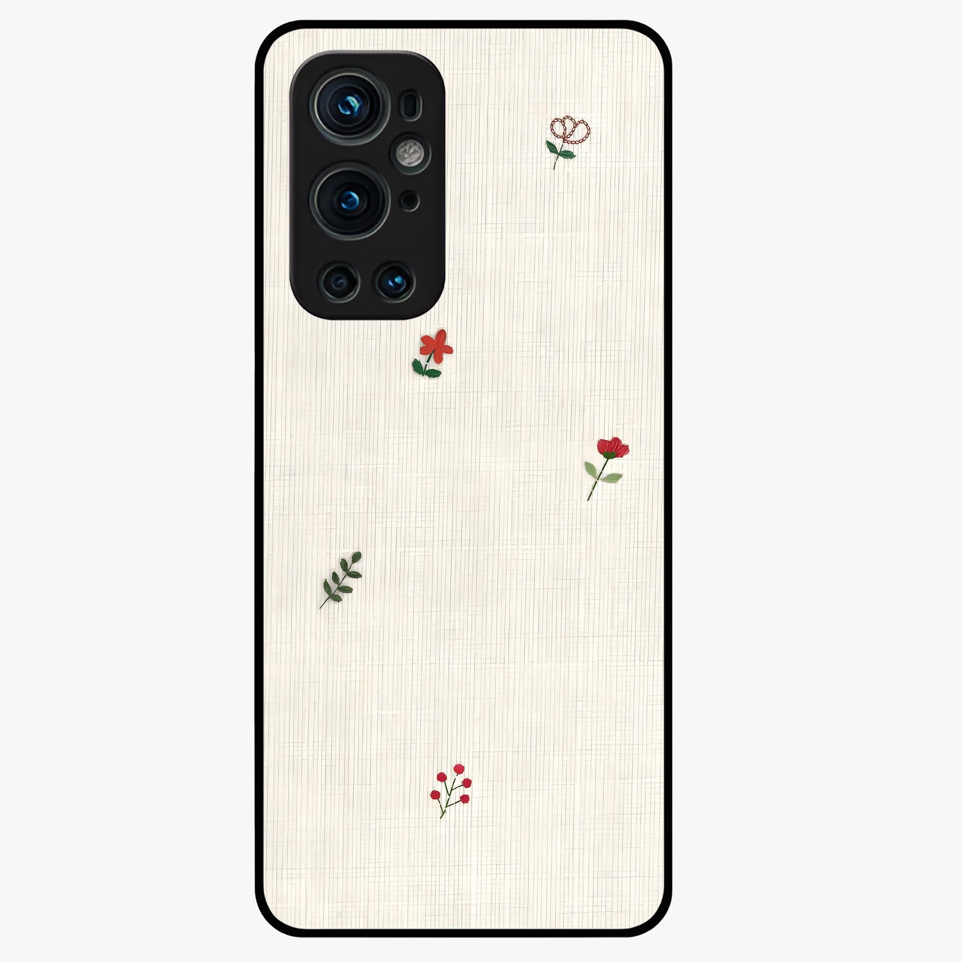Minimal Petal Whispers Glass Case showing flat back view with soft minimal floral artwork and glossy glass finish.