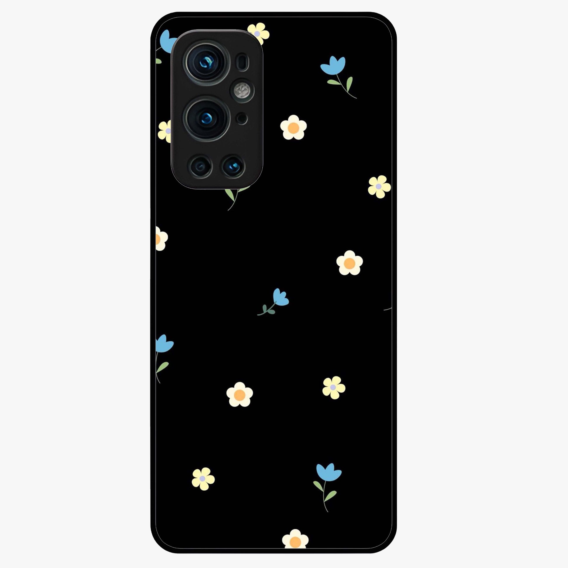 Minimalistic Blue With White Flower Pattern Glass Case showing flat back view with blue background and white flower pattern and glossy glass finish.