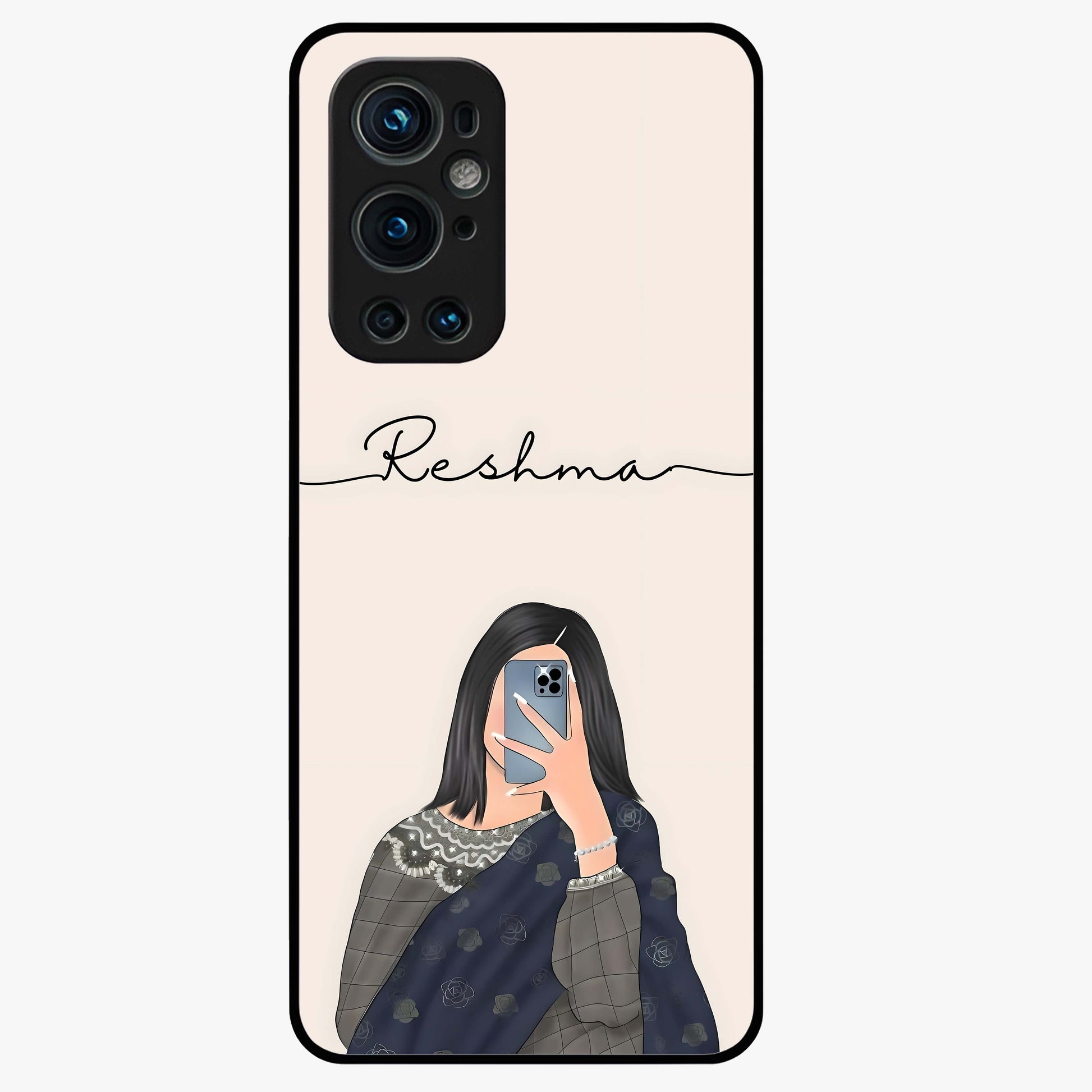 Mirror Mood Muse With Custom Name Glass Case showing flat back view with stylish mirrored artwork and personalized name design.