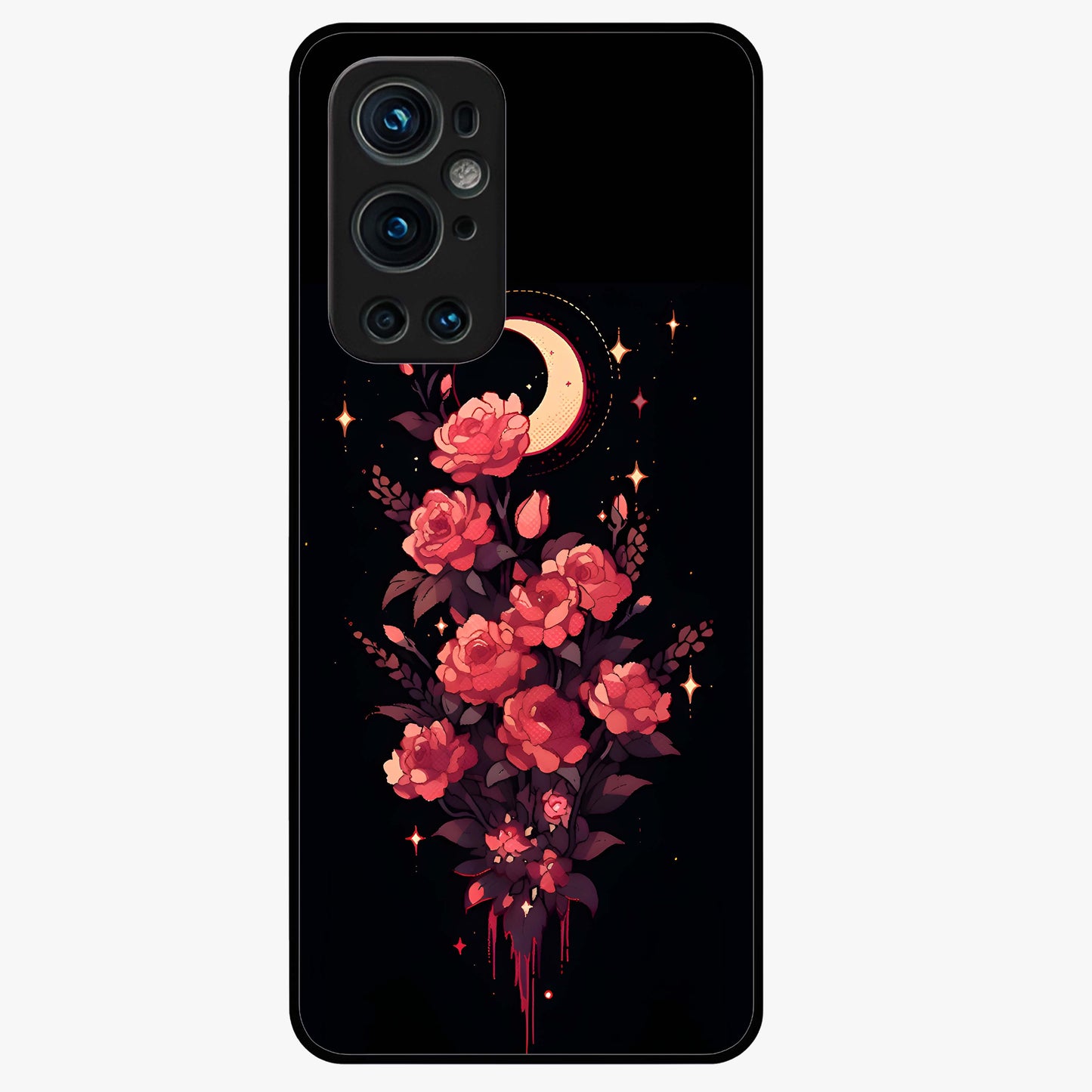 Moonlit Floral Elegance Glass Case showing flat back view with elegant floral artwork under moonlit tones and glossy glass finish.