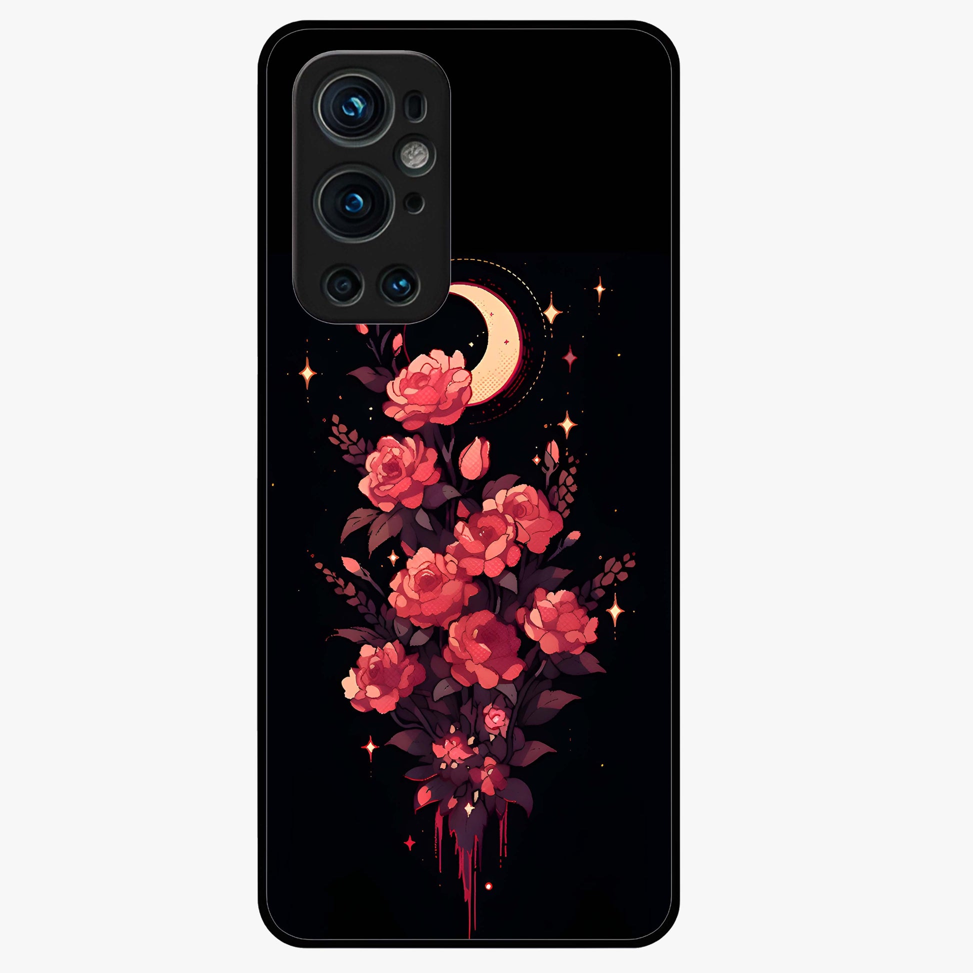 Moonlit Floral Elegance Glass Case showing flat back view with elegant floral artwork under moonlit tones and glossy glass finish.
