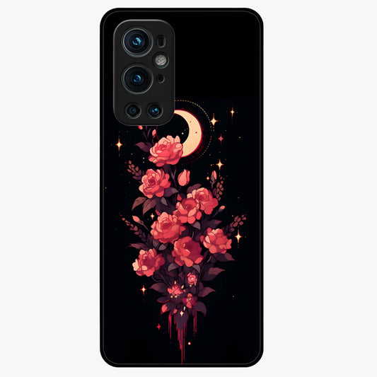 Moonlit Floral Elegance Glass Case showing flat back view with elegant floral artwork under moonlit tones and glossy glass finish.