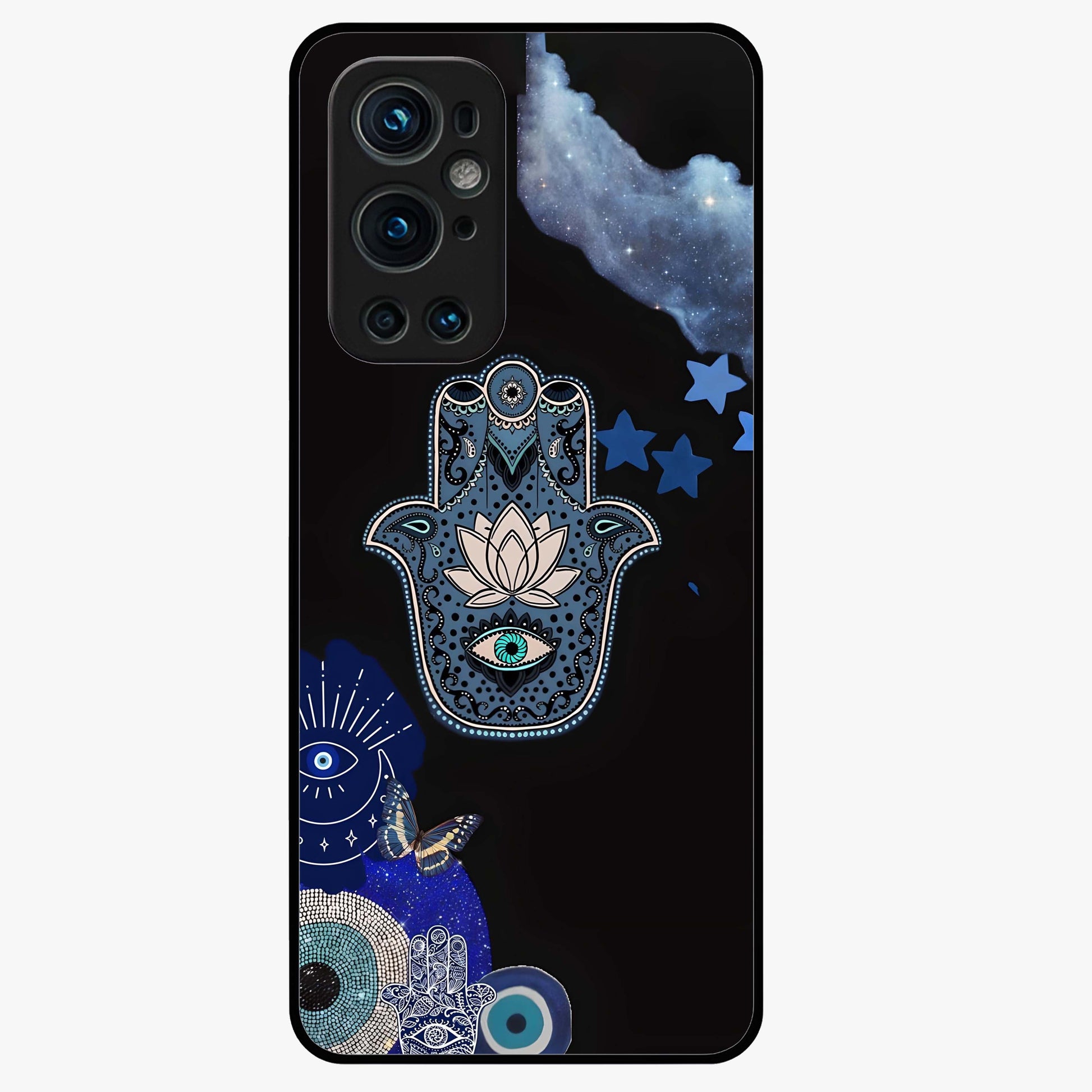 Mystic Hand Aura Glass Case showing flat back view with mystical hand symbol artwork and glossy glass finish.