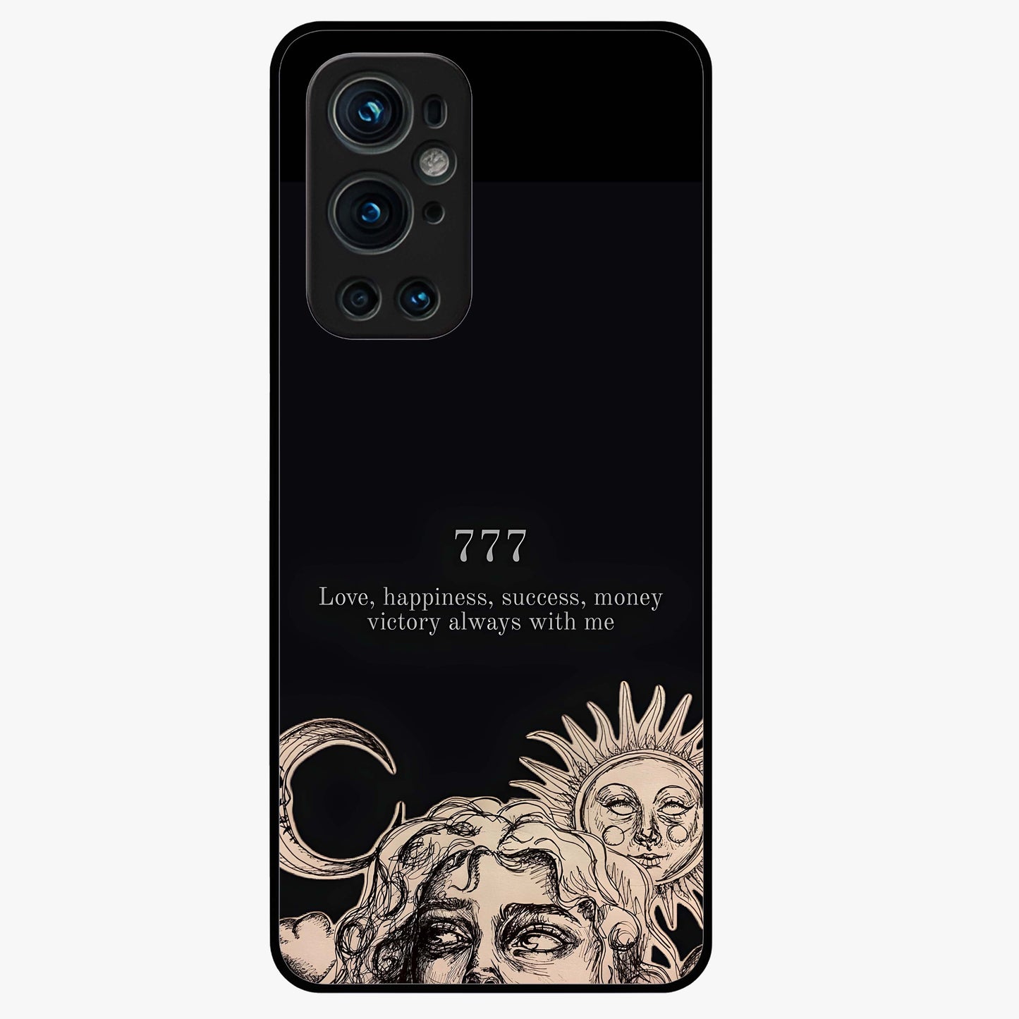 Mystic Victory Aura Glass Case showing flat back view with victory symbol artwork and glossy glass finish.