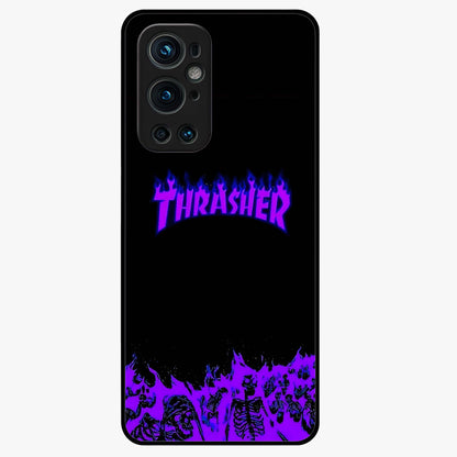 Neon Flame Riot Glass Case showing flat back view with neon flame artwork and glossy glass finish.
