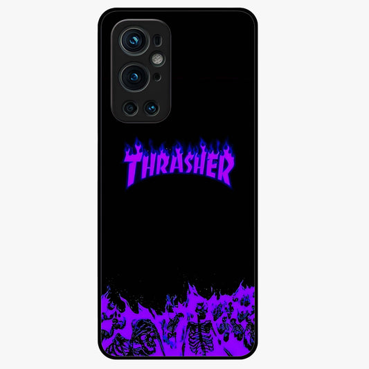 Neon Flame Riot Glass Case showing flat back view with neon flame artwork and glossy glass finish.