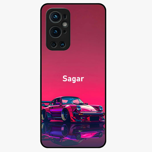 Neon Pink Porsche Glass Case showing flat back view with stylish sports car artwork and glossy glass finish.