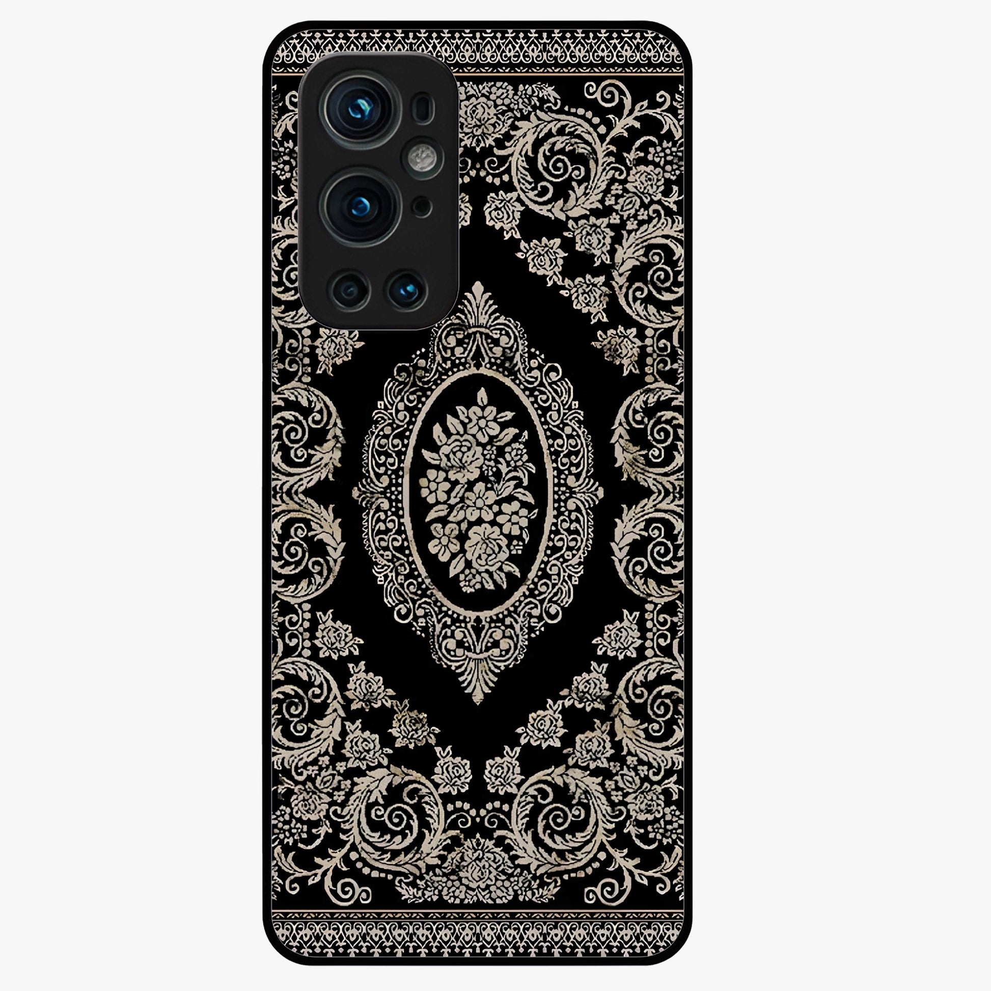 Noir Bloom Elegance Glass Case showing flat back view with elegant dark floral artwork and glossy glass finish.