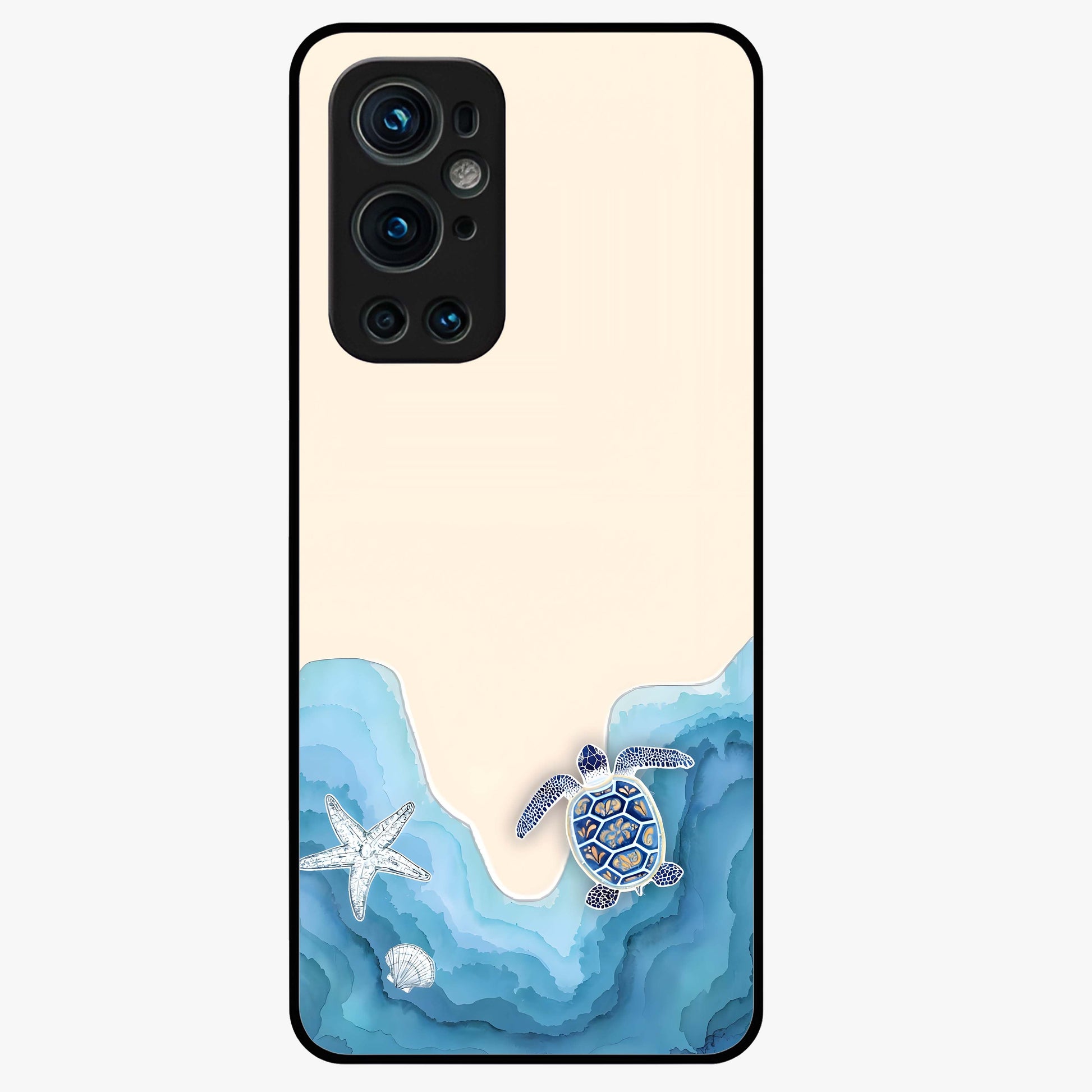 Ocean Drift Turtle Glass Case showing flat back view with sea turtle artwork and glossy glass finish.