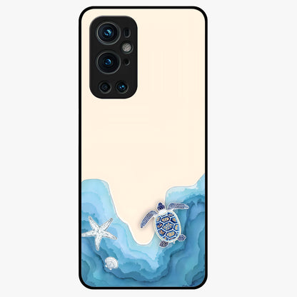 Ocean Drift Turtle Glass Case showing flat back view with sea turtle artwork and glossy glass finish.