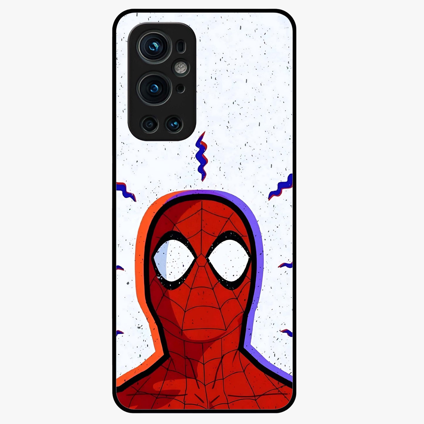 Omg Spiderman Glass Case showing flat back view with bold superhero inspired artwork and glossy glass finish.