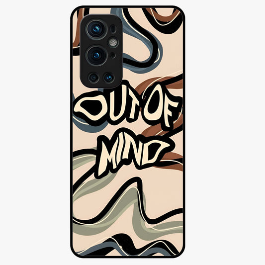 Out Of Mind Glass Case showing flat back view with expressive typography artwork and glossy glass finish.
