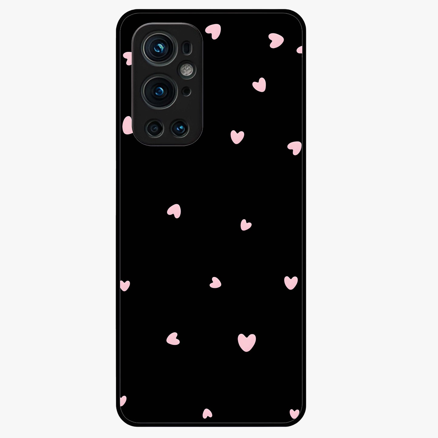 Pink Love Drops Glass Case showing flat back view with playful pink heart drops artwork and glossy glass finish.