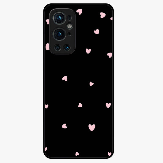 Pink Love Drops Glass Case showing flat back view with playful pink heart drops artwork and glossy glass finish.