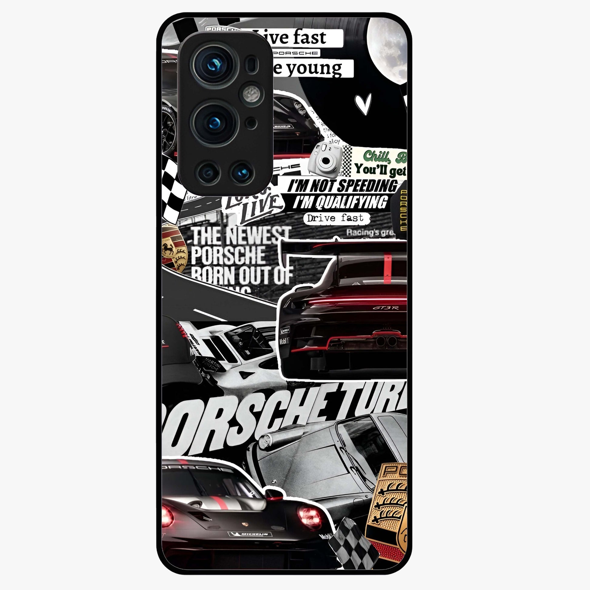 Porsche Racing Collage Glass Case showing flat back view with sports car racing collage artwork and glossy glass finish.