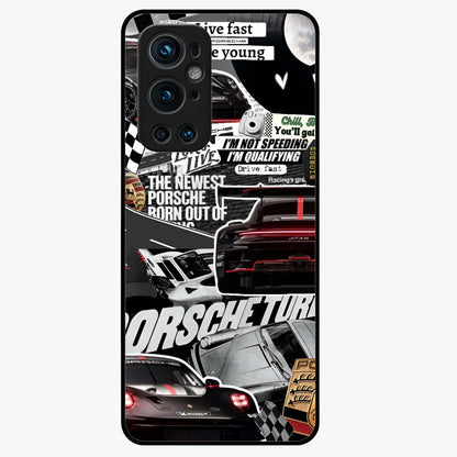 Porsche Racing Collage Glass Case showing flat back view with sports car racing collage artwork and glossy glass finish.