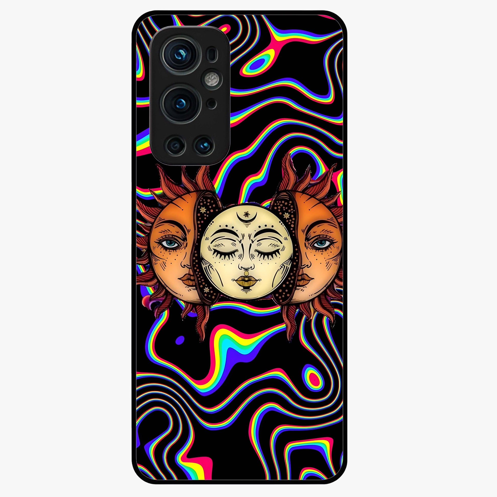 Psychedelic Sun Glass Case showing flat back view with colorful psychedelic sun artwork and glossy glass finish.