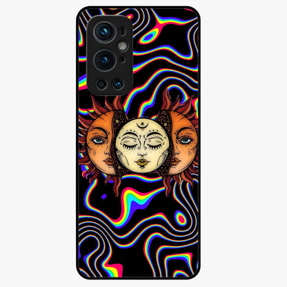 Psychedelic Sun Glass Case showing flat back view with colorful psychedelic sun artwork and glossy glass finish.