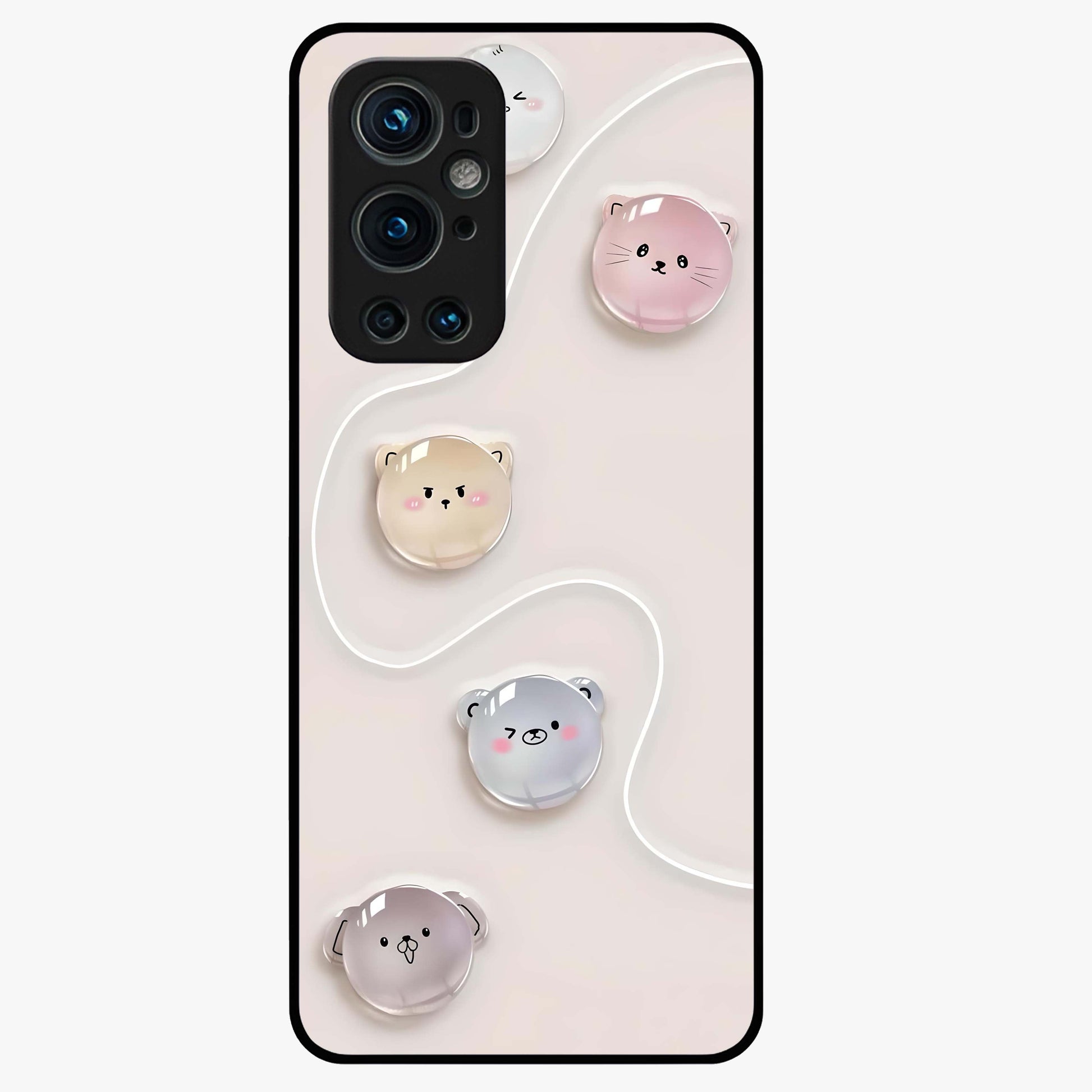Puffy Face Parade Glass Case showing flat back view with cute puffy character faces artwork and glossy glass finish.
