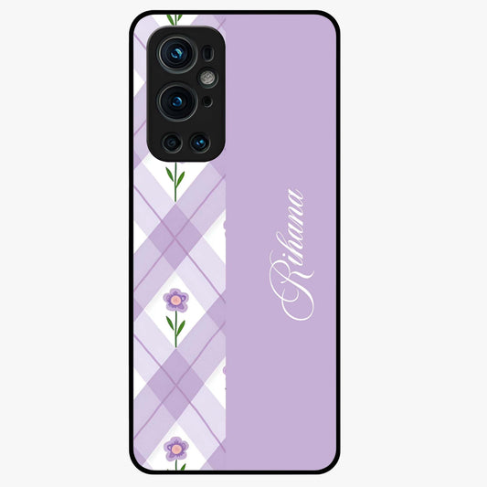 Purple Diamond Floral Glass Case showing flat back view with diamond shaped floral artwork and glossy glass finish.