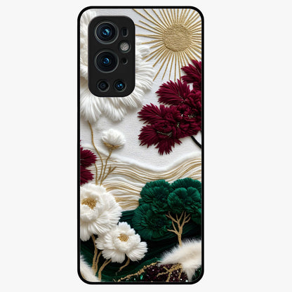 Radiant Bloom Elegance Glass Case showing flat back view with elegant blooming flower artwork and glossy glass finish.