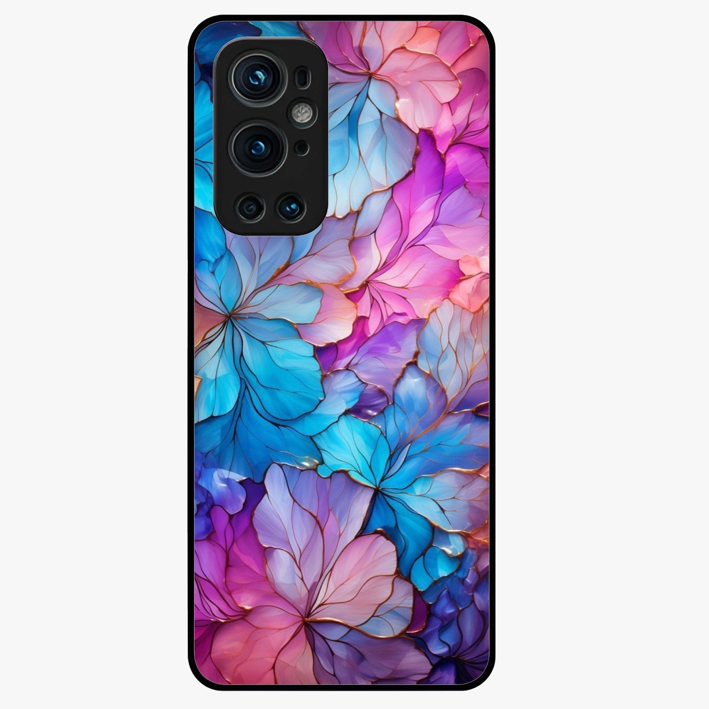Radiant Floral Whirl Glass Case showing flat back view with swirling floral artwork and glossy glass finish.