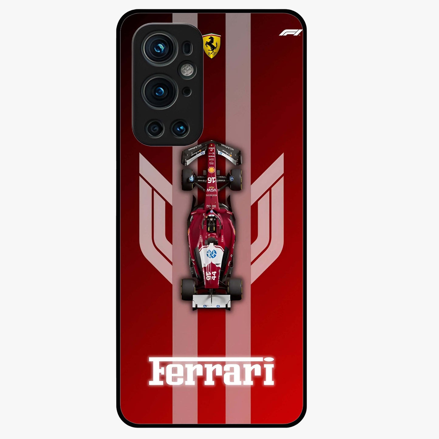 Red Ferrari F1 Vertical Glass Case showing flat back view with sleek Formula racing car artwork and glossy glass finish.