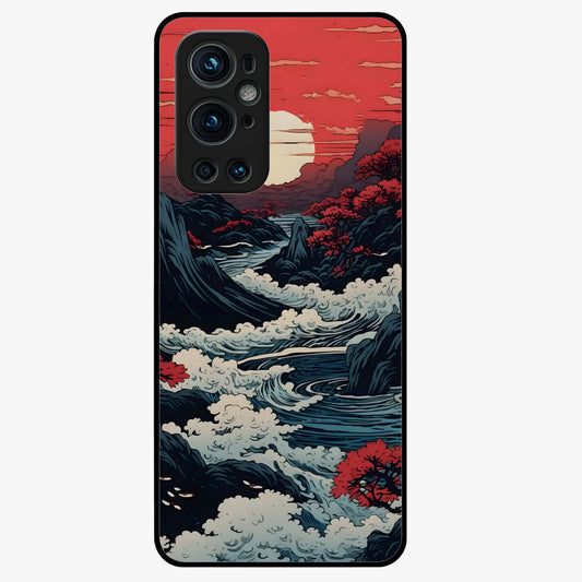 Red Sunset Scenery Glass Case showing flat back view with vibrant sunset landscape artwork and glossy glass finish.