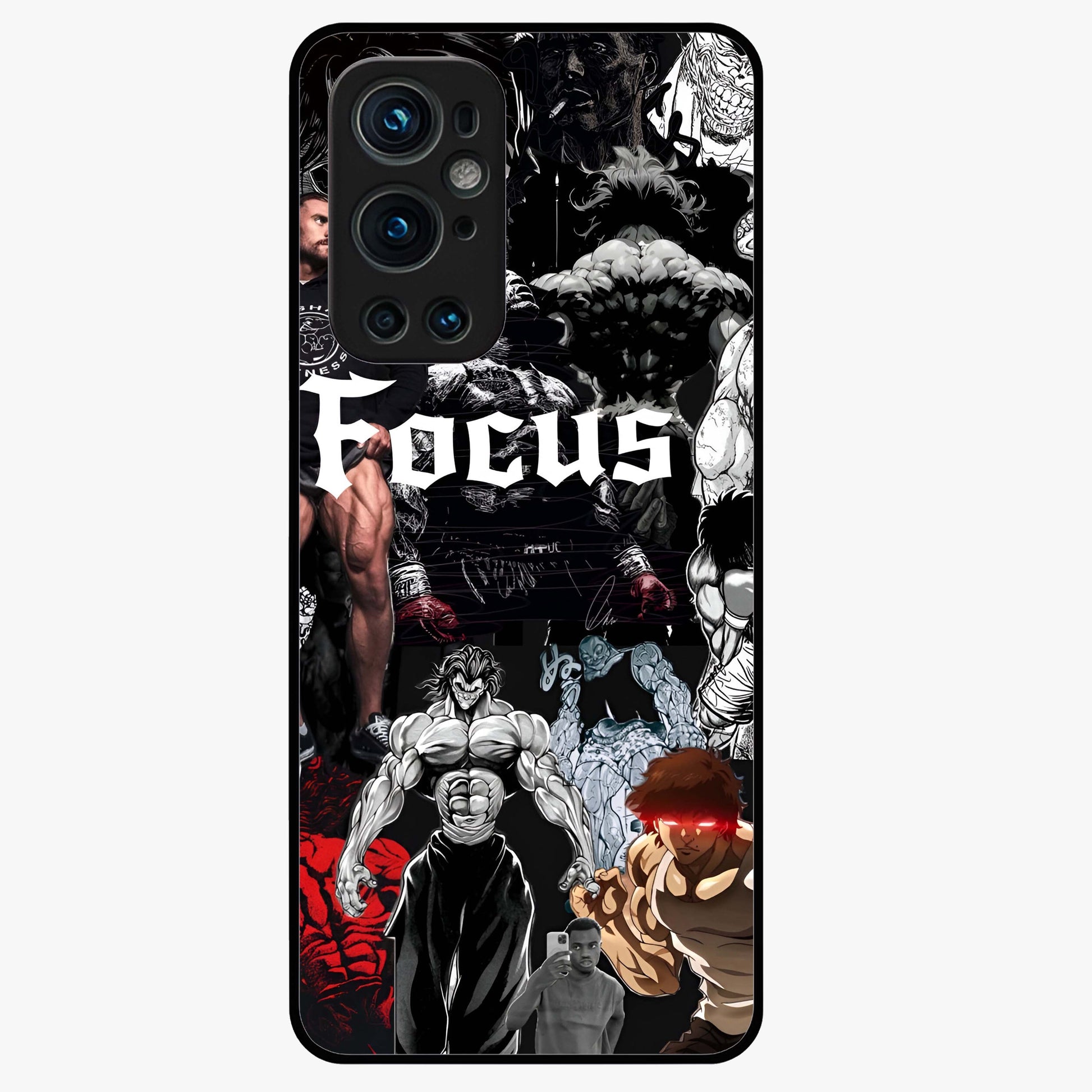 Relentless Power Focus Glass Case showing flat back view with motivational typography artwork and glossy glass finish.