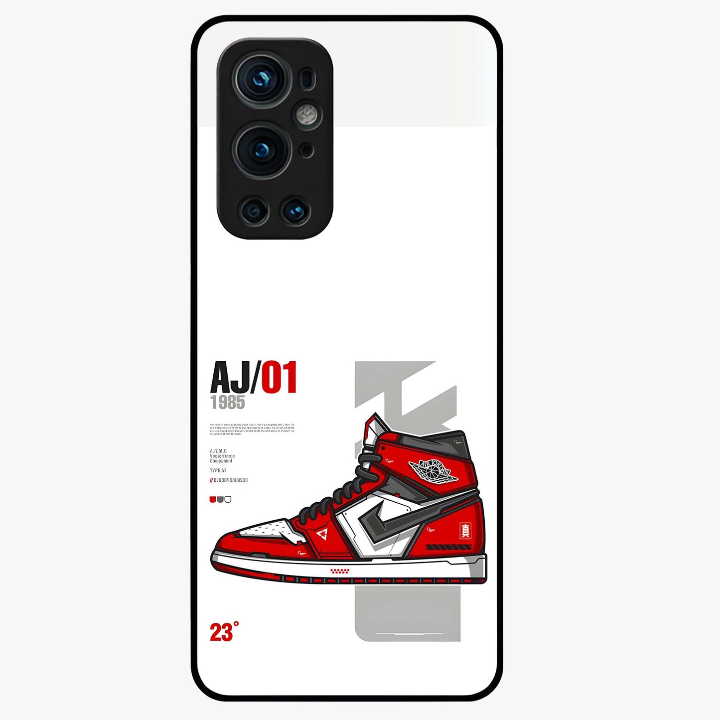 Retro Sneaker Blueprint Glass Case showing flat back view with sneaker blueprint style artwork and glossy glass finish.