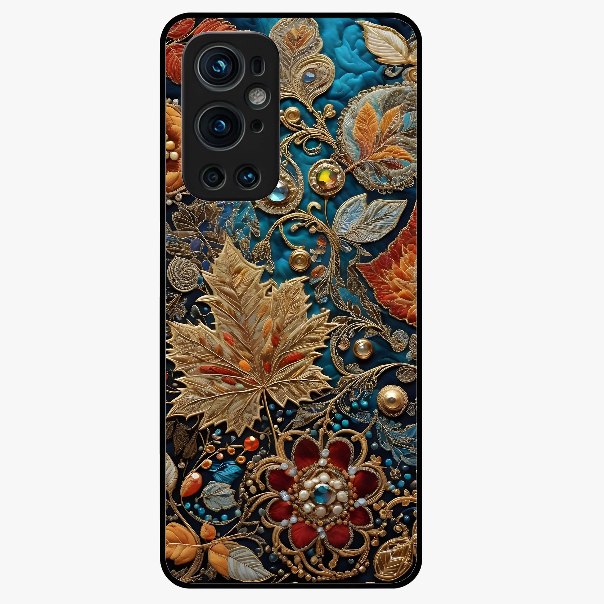Royal Jewel Garden Glass Case showing flat back view with decorative floral garden artwork and glossy glass finish.