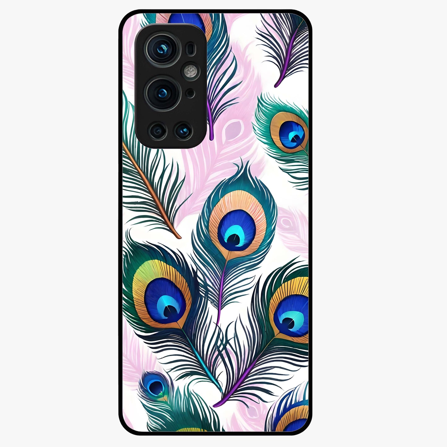 Royal Peacock Feathers Glass Case showing flat back view with colorful peacock feather artwork and glossy glass finish.