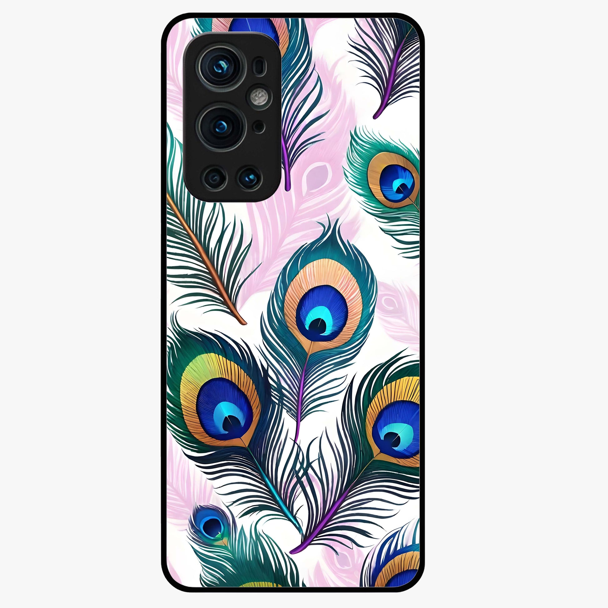 Royal Peacock Feathers Glass Case showing flat back view with colorful peacock feather artwork and glossy glass finish.