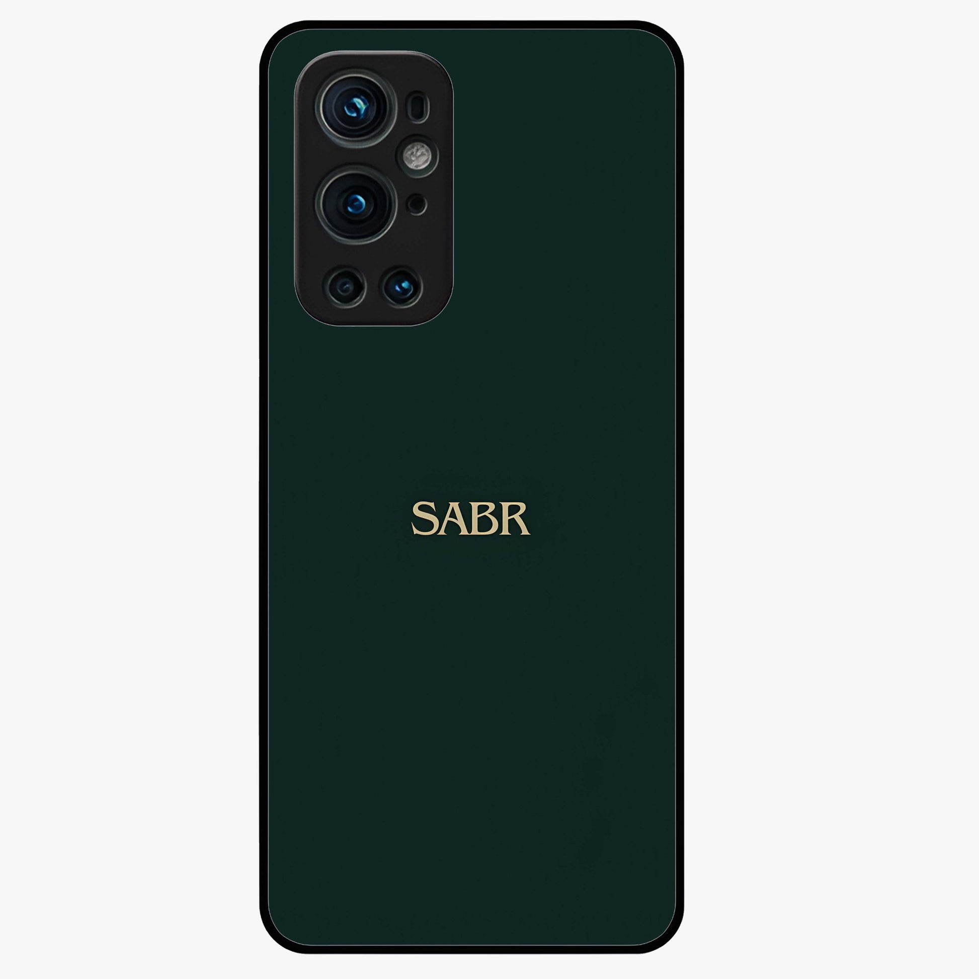 Sabr Minimal Patience Glass Case showing flat back view with minimalist typography artwork and glossy glass finish.
