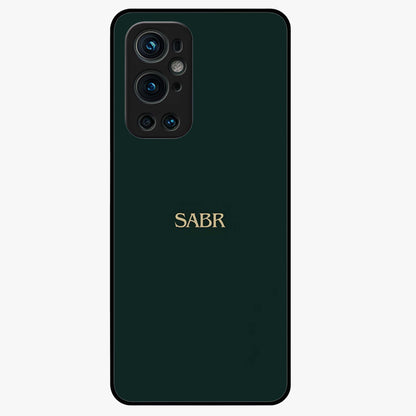 Sabr Minimal Patience Glass Case showing flat back view with minimalist typography artwork and glossy glass finish.