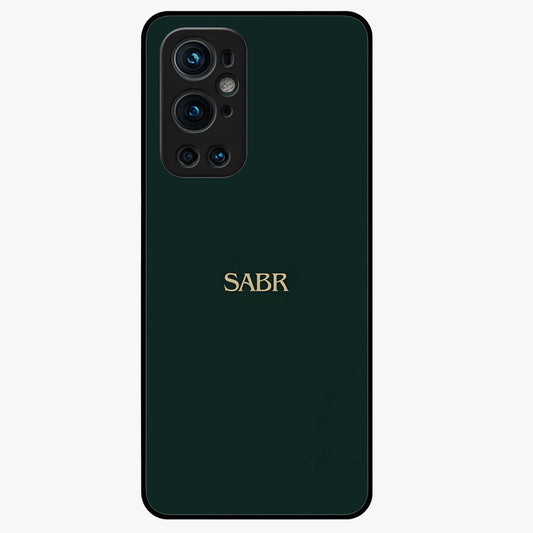 Sabr Minimal Patience Glass Case showing flat back view with minimalist typography artwork and glossy glass finish.
