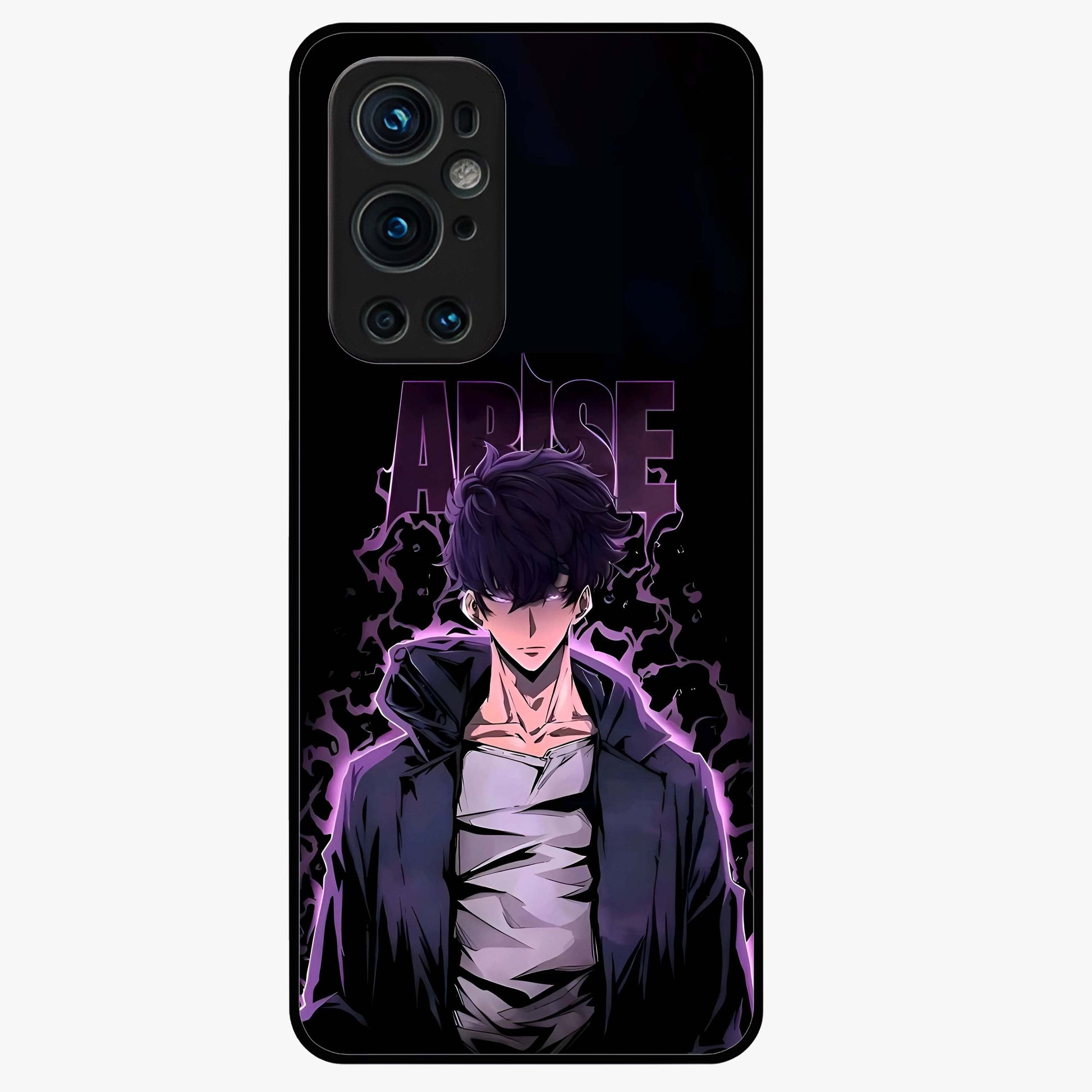 Shadow Monarch Awakening Glass Case showing flat back view with powerful dark monarch themed artwork and glossy glass finish.