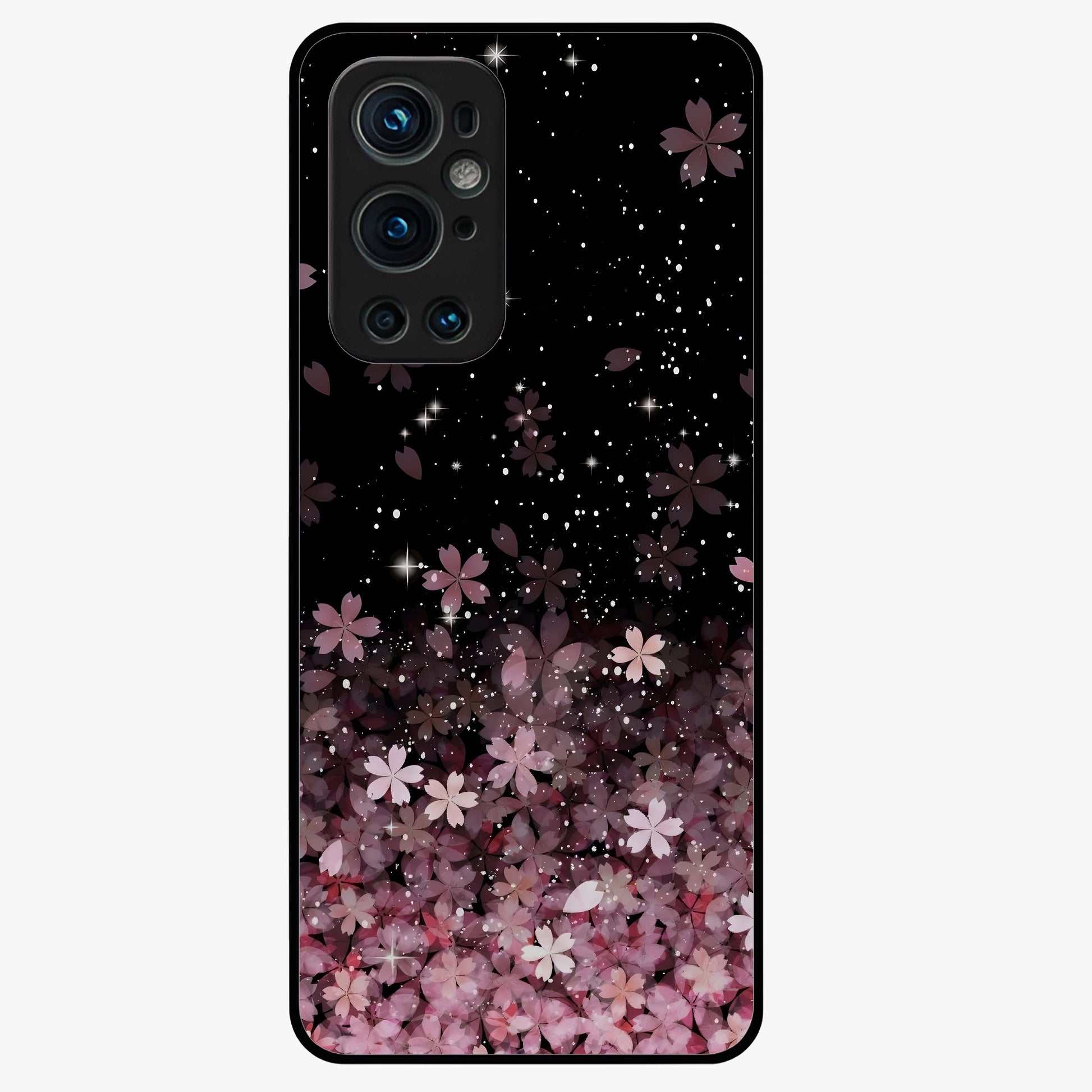 Small Starry Flowers Glass Case showing flat back view with delicate starry floral artwork and glossy glass finish.