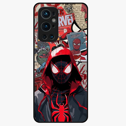 Spider Collage Street Glass Case showing flat back view with vibrant superhero collage artwork and glossy glass finish.