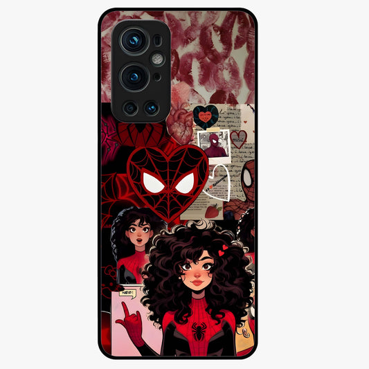 Spider Love Story Glass Case showing flat back view with romantic superhero themed artwork and glossy glass finish.